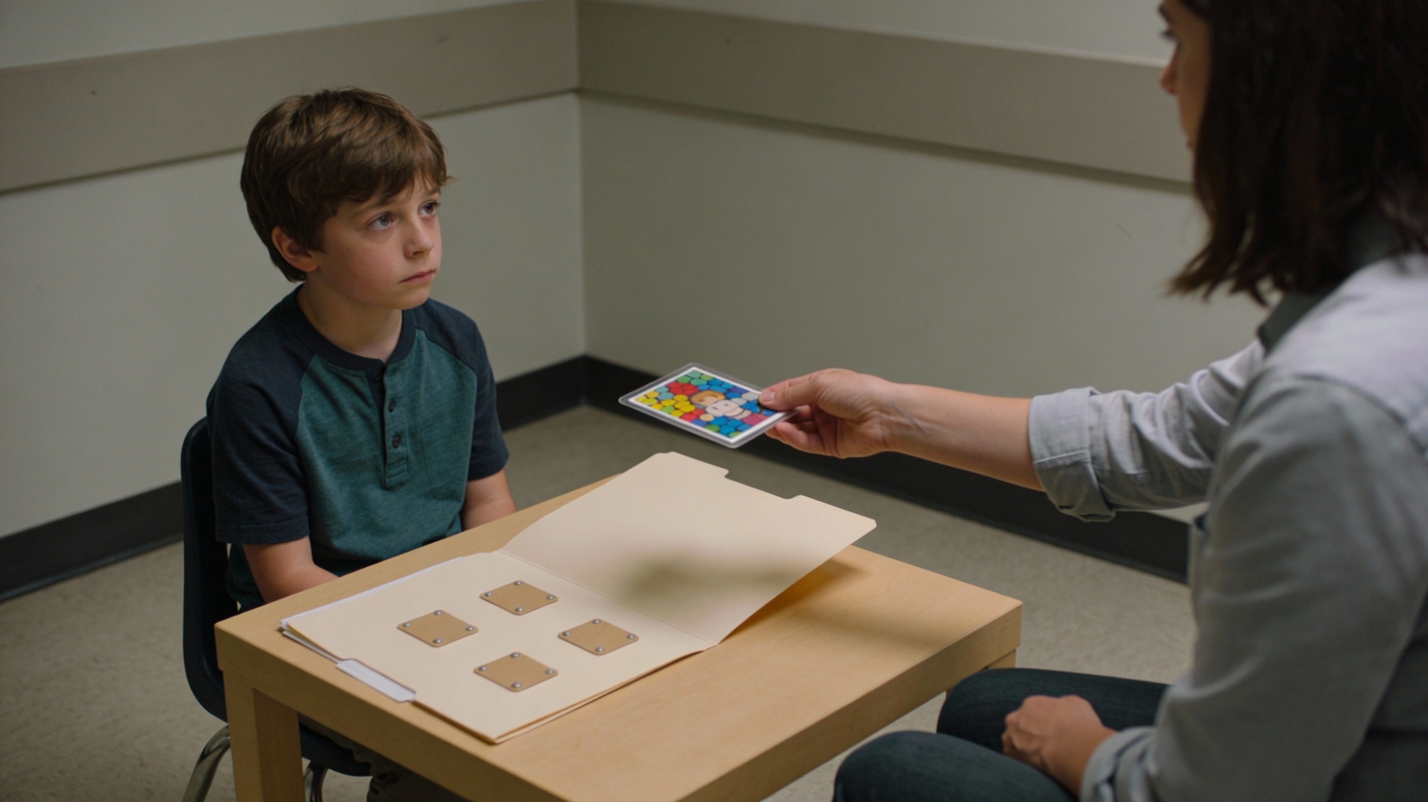 generate a cover photo for a wordpress blog site that shows a child seated at a table and a therapist is handing them a laminated card, and they are trying to point to a folder on the table that has 4 velcros on the folder